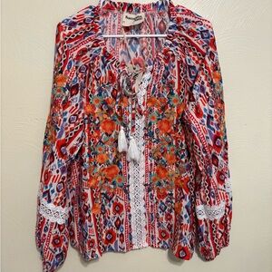 Savanna Jane XL Embroidered Boho Floral Ikat Tassel Blouse NWT